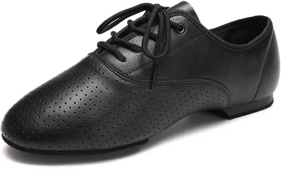 HROYL Leather Jazz Chunky Heel Dance Shoes Practice Ballroom Women Lace Up Social Dancing Shoes