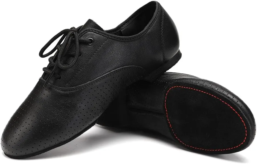 HROYL Leather Jazz Chunky Heel Dance Shoes Practice Ballroom Women Lace Up Social Dancing Shoes