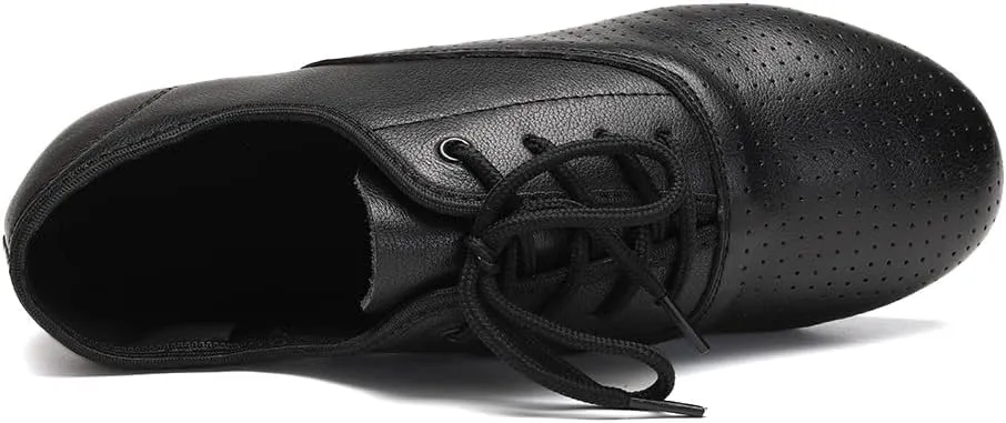 HROYL Leather Jazz Chunky Heel Dance Shoes Practice Ballroom Women Lace Up Social Dancing Shoes