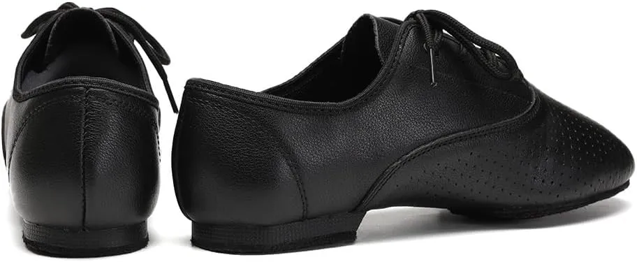 HROYL Leather Jazz Chunky Heel Dance Shoes Practice Ballroom Women Lace Up Social Dancing Shoes