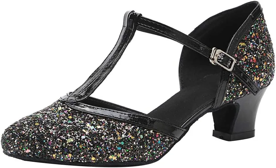 HROYL Women Closed Toe Ballroom Dance Shoes T Strap Sequin Latin Salsa Tango Wedding Dance Shoes,Model YCL268