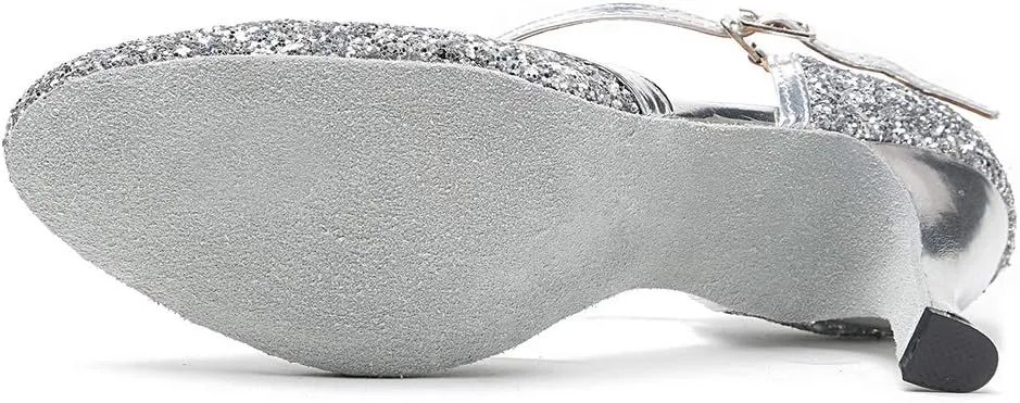 HROYL Women Closed Toe Ballroom Dance Shoes T Strap Sequin Latin Salsa Tango Wedding Dance Shoes,Model YCL268