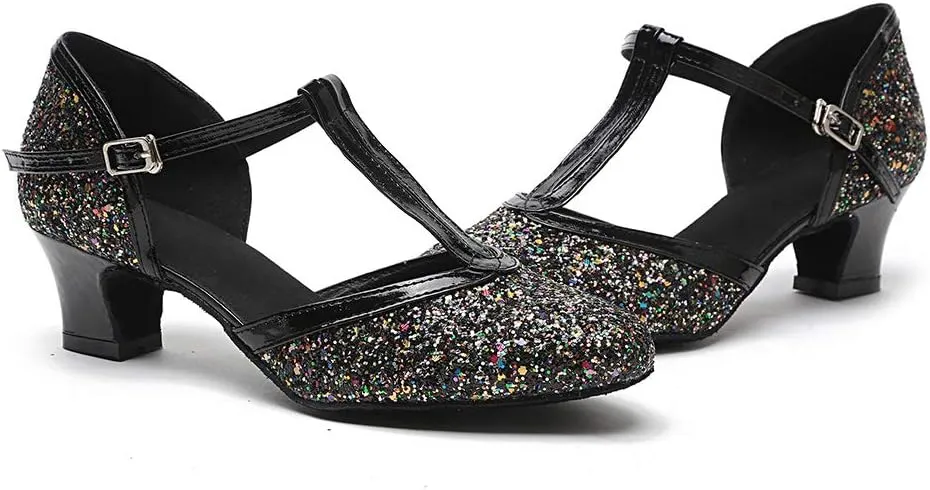HROYL Women Closed Toe Ballroom Dance Shoes T Strap Sequin Latin Salsa Tango Wedding Dance Shoes,Model YCL268
