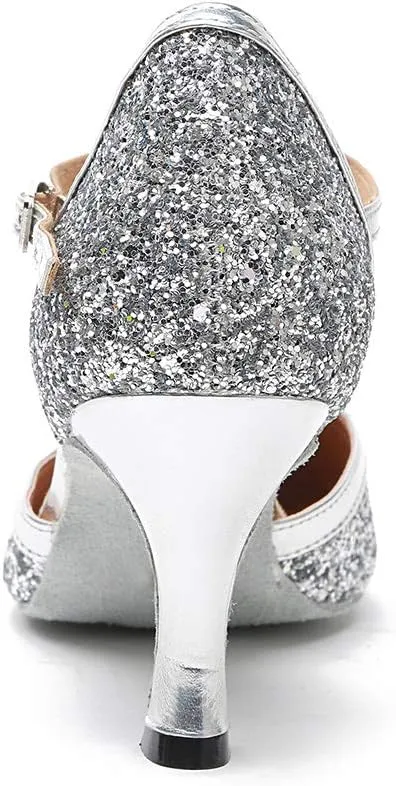 HROYL Women Closed Toe Ballroom Dance Shoes T Strap Sequin Latin Salsa Tango Wedding Dance Shoes,Model YCL268