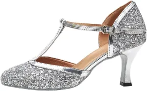 HROYL Women Closed Toe Ballroom Dance Shoes T Strap Sequin Latin Salsa Tango Wedding Dance Shoes,Model YCL268