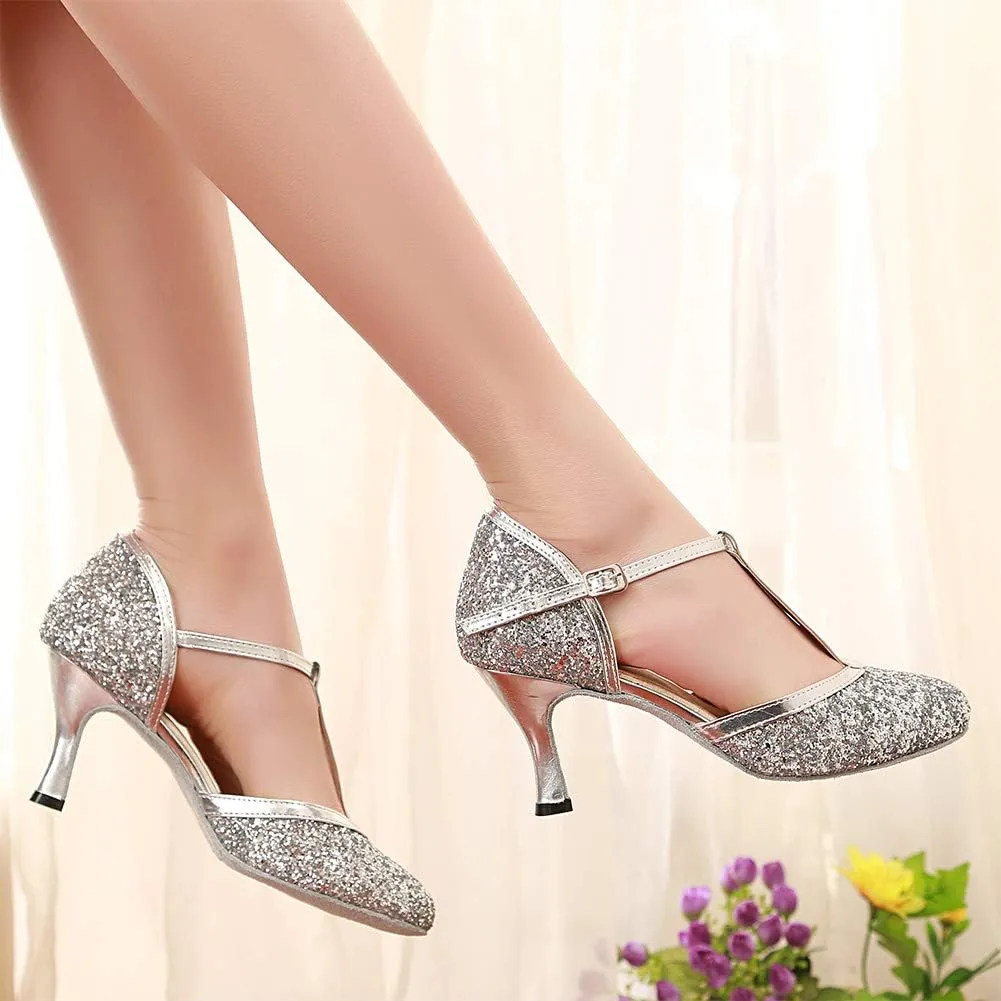 HROYL Women Closed Toe Ballroom Dance Shoes T Strap Sequin Latin Salsa Tango Wedding Dance Shoes,Model YCL268