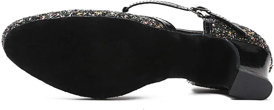 HROYL Women Closed Toe Ballroom Dance Shoes T Strap Sequin Latin Salsa Tango Wedding Dance Shoes,Model YCL268