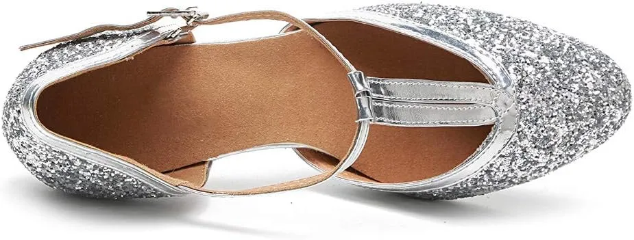 HROYL Women Closed Toe Ballroom Dance Shoes T Strap Sequin Latin Salsa Tango Wedding Dance Shoes,Model YCL268