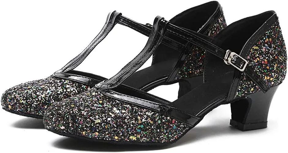 HROYL Women Closed Toe Ballroom Dance Shoes T Strap Sequin Latin Salsa Tango Wedding Dance Shoes,Model YCL268