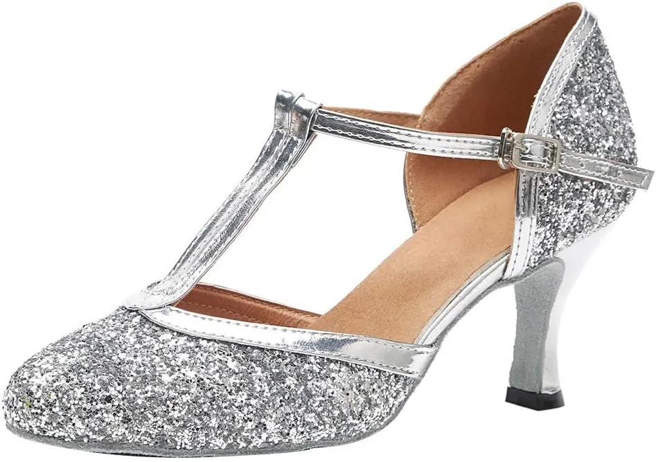 HROYL Women Closed Toe Ballroom Dance Shoes T Strap Sequin Latin Salsa Tango Wedding Dance Shoes,Model YCL268