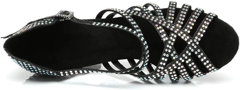 HROYL Women Rhinestone Latin Dance Shoes Ballroom Salsa Performance Dance Shoes,model L467