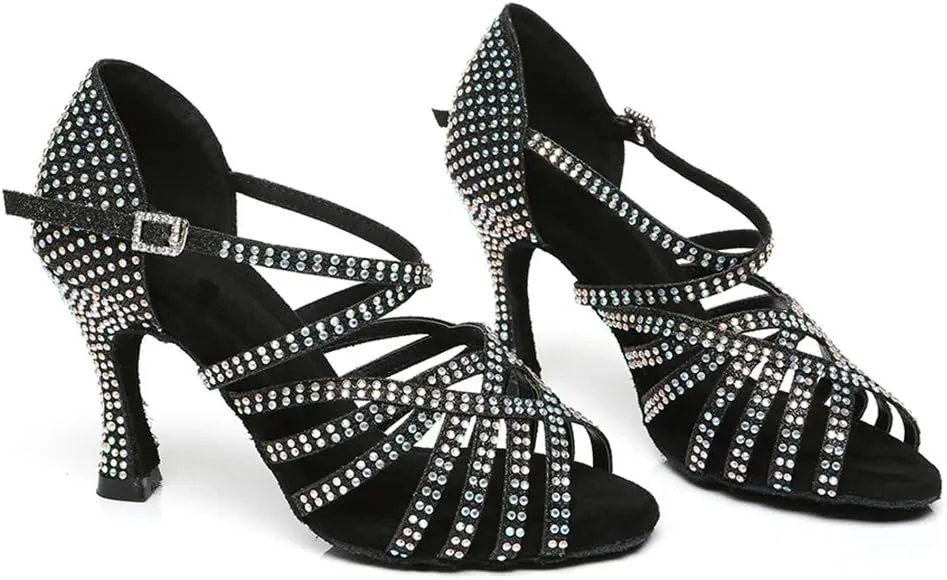 HROYL Women Rhinestone Latin Dance Shoes Ballroom Salsa Performance Dance Shoes,model L467
