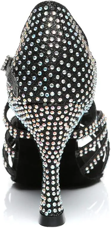 HROYL Women Rhinestone Latin Dance Shoes Ballroom Salsa Performance Dance Shoes,model L467
