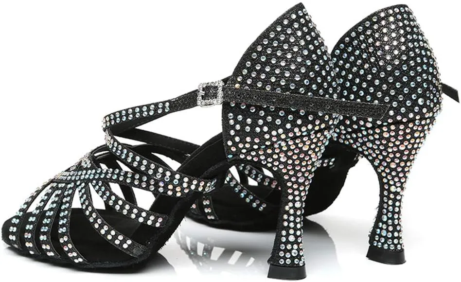HROYL Women Rhinestone Latin Dance Shoes Ballroom Salsa Performance Dance Shoes,model L467