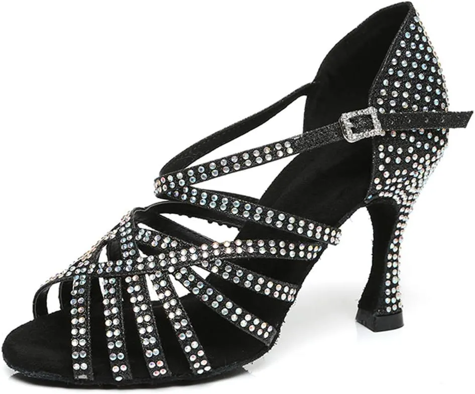 HROYL Women Rhinestone Latin Dance Shoes Ballroom Salsa Performance Dance Shoes,model L467