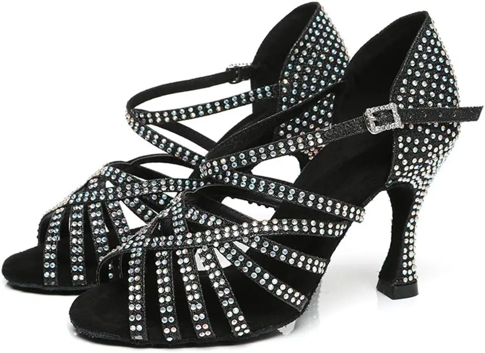 HROYL Women Rhinestone Latin Dance Shoes Ballroom Salsa Performance Dance Shoes,model L467