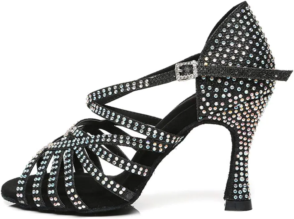 HROYL Women Rhinestone Latin Dance Shoes Ballroom Salsa Performance Dance Shoes,model L467