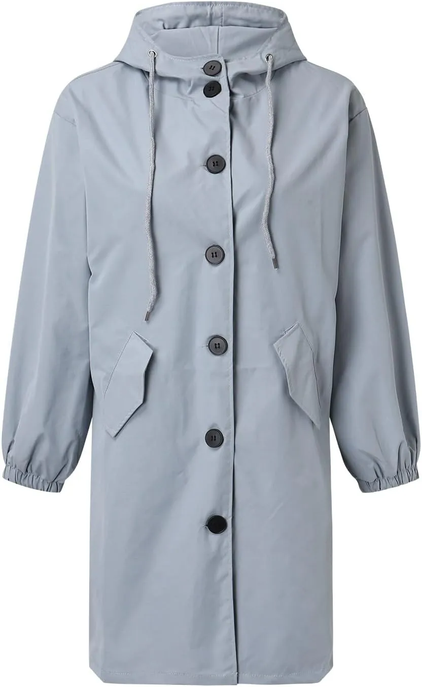 iLH Womens Hooded Trench Coat Spread Collar Button Down Windbreaker Outerwear for Women Lightweight Leisure Long Jackets