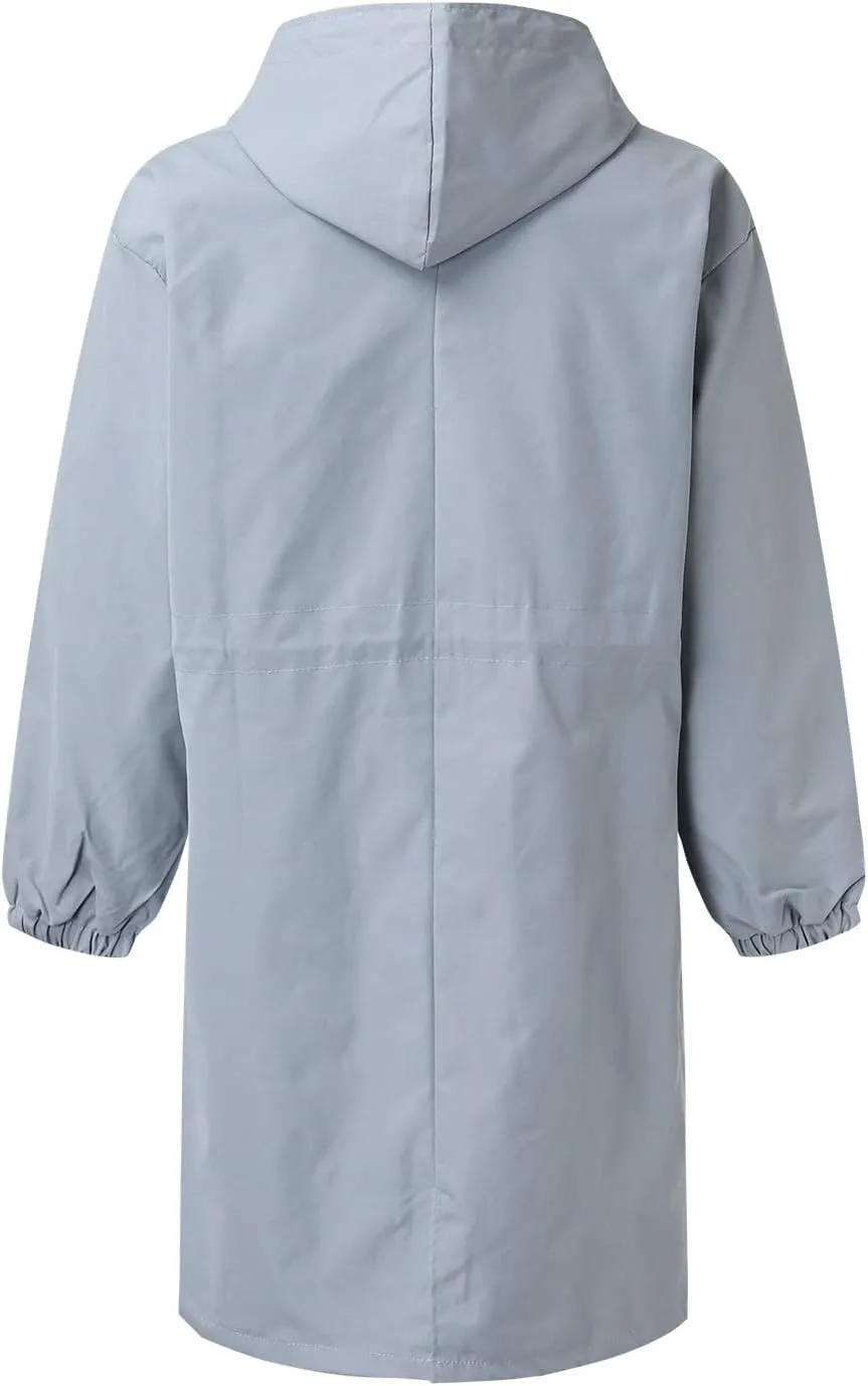 iLH Womens Hooded Trench Coat Spread Collar Button Down Windbreaker Outerwear for Women Lightweight Leisure Long Jackets