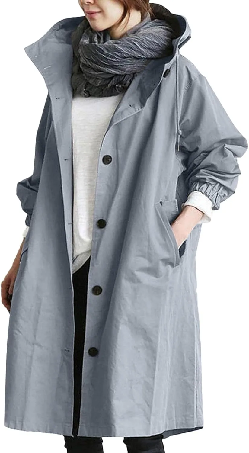 iLH Womens Hooded Trench Coat Spread Collar Button Down Windbreaker Outerwear for Women Lightweight Leisure Long Jackets