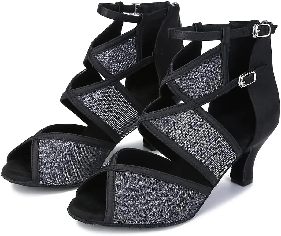Indoor Womens Ballroom Dance Boots for Social Beginner Salsa Latin Dancing Shoes 2 1/2 inches Heels S23