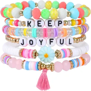 Inspirational Clay Bead Bracelets for Women Preppy Surfer Heishi Bracelets Set Macaron Color Stackable Bracelets Colorful Elastic Layering Friendship Bracelets Boho Jewelry Gift for Teen