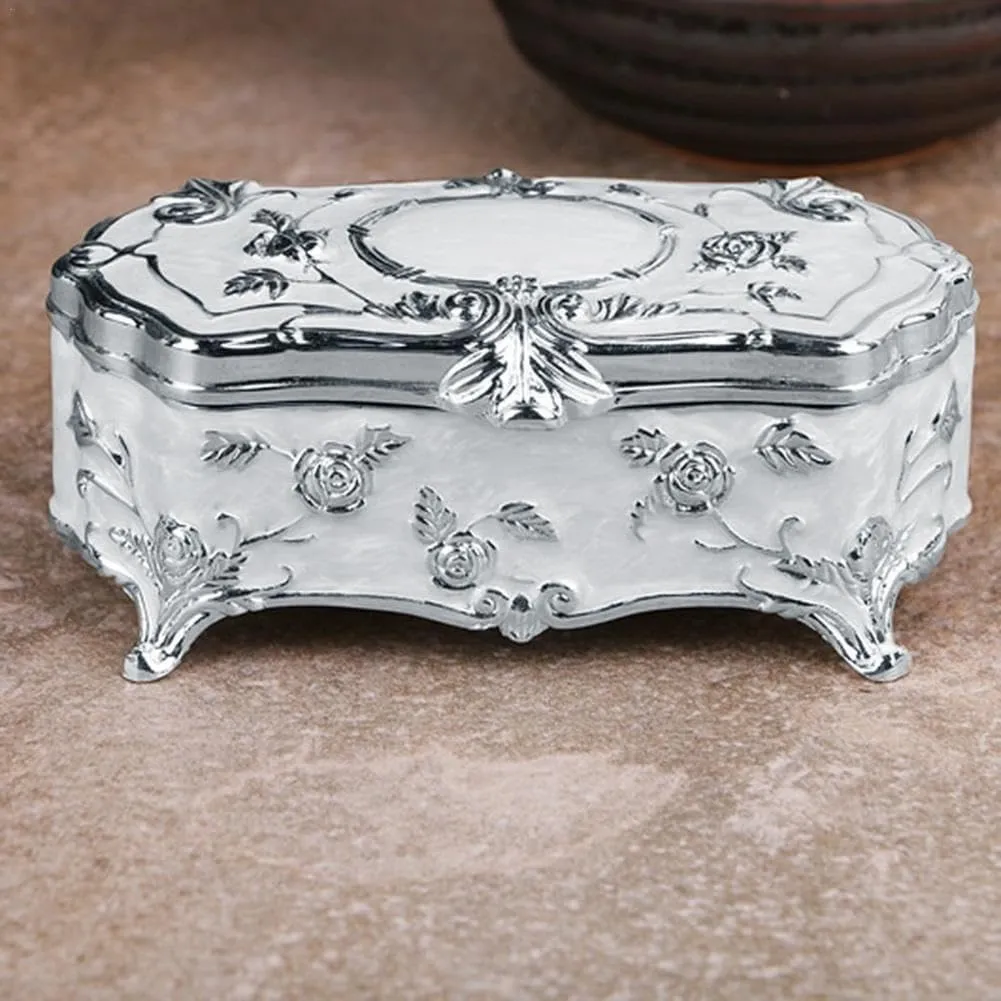 Jewelry Box Vintage Princess Small Silver Plated Glazed Jewelry Storage Box Cotton Swab