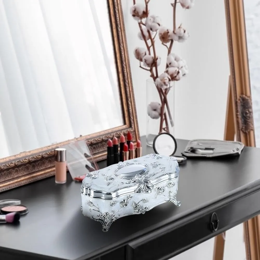 Jewelry Box Vintage Princess Small Silver Plated Glazed Jewelry Storage Box Cotton Swab