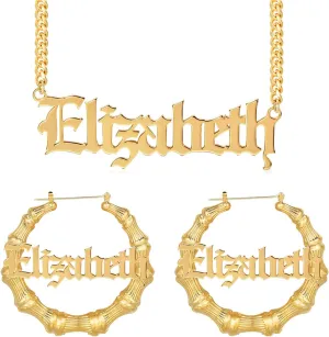 Jewelry Set Custom Name Necklace Personalized Custom Name Earrings Bamboo Earrings 18K Gold Plated Customized Jewelry Set for Women Fashion Jewelry Gift
