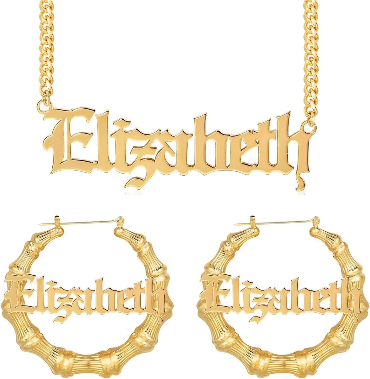 Jewelry Set Custom Name Necklace Personalized Custom Name Earrings Bamboo Earrings 18K Gold Plated Customized Jewelry Set for Women Fashion Jewelry Gift