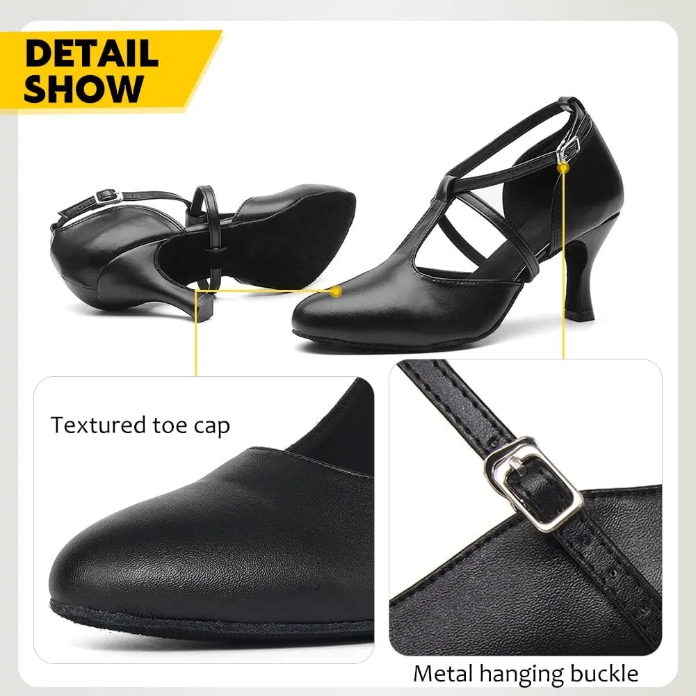 JUODVMP Womens Professional Latin Ballroom Dance Shoes Closed Toe Ladies T-Strap Modern Dance Pump Shoes, Model YC-L272