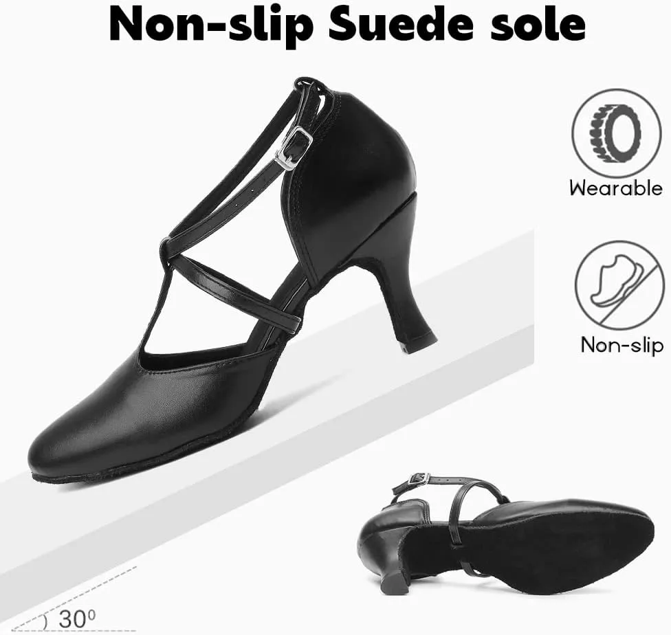 JUODVMP Womens Professional Latin Ballroom Dance Shoes Closed Toe Ladies T-Strap Modern Dance Pump Shoes, Model YC-L272