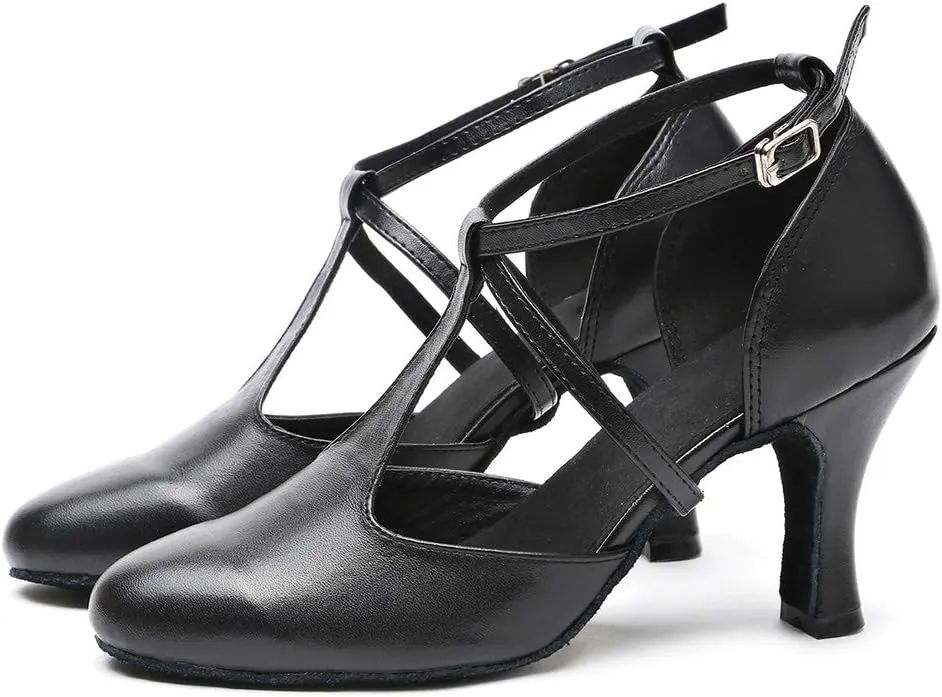 JUODVMP Womens Professional Latin Ballroom Dance Shoes Closed Toe Ladies T-Strap Modern Dance Pump Shoes, Model YC-L272