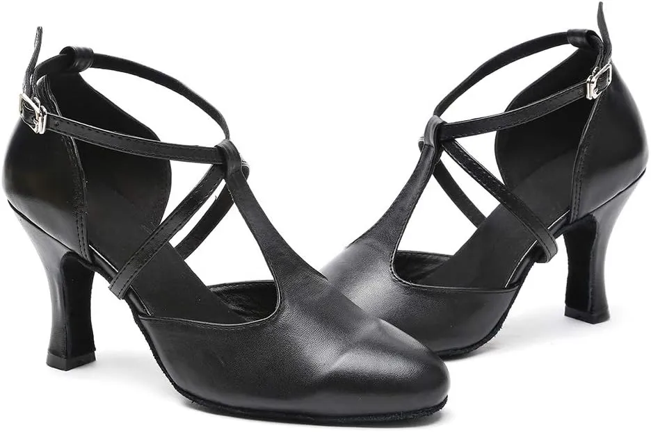 JUODVMP Womens Professional Latin Ballroom Dance Shoes Closed Toe Ladies T-Strap Modern Dance Pump Shoes, Model YC-L272