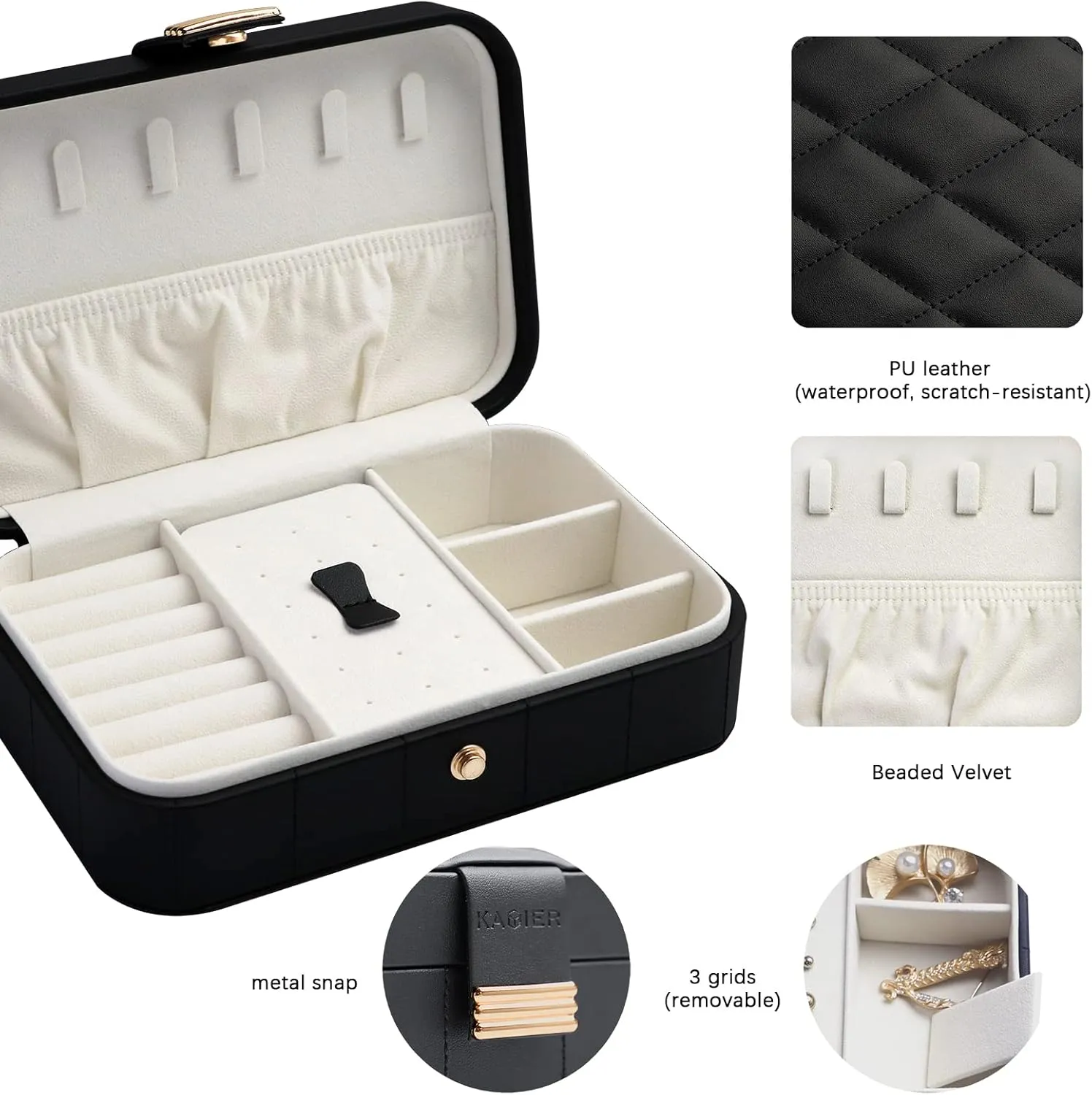 KAMIER Pu Leather Jewelry Box | Travel Diamond Quilted Jewelry Case Storage for Ring Earrings Necklace | Luxury Portable Jewelry Organizer for Women Girls(Black)