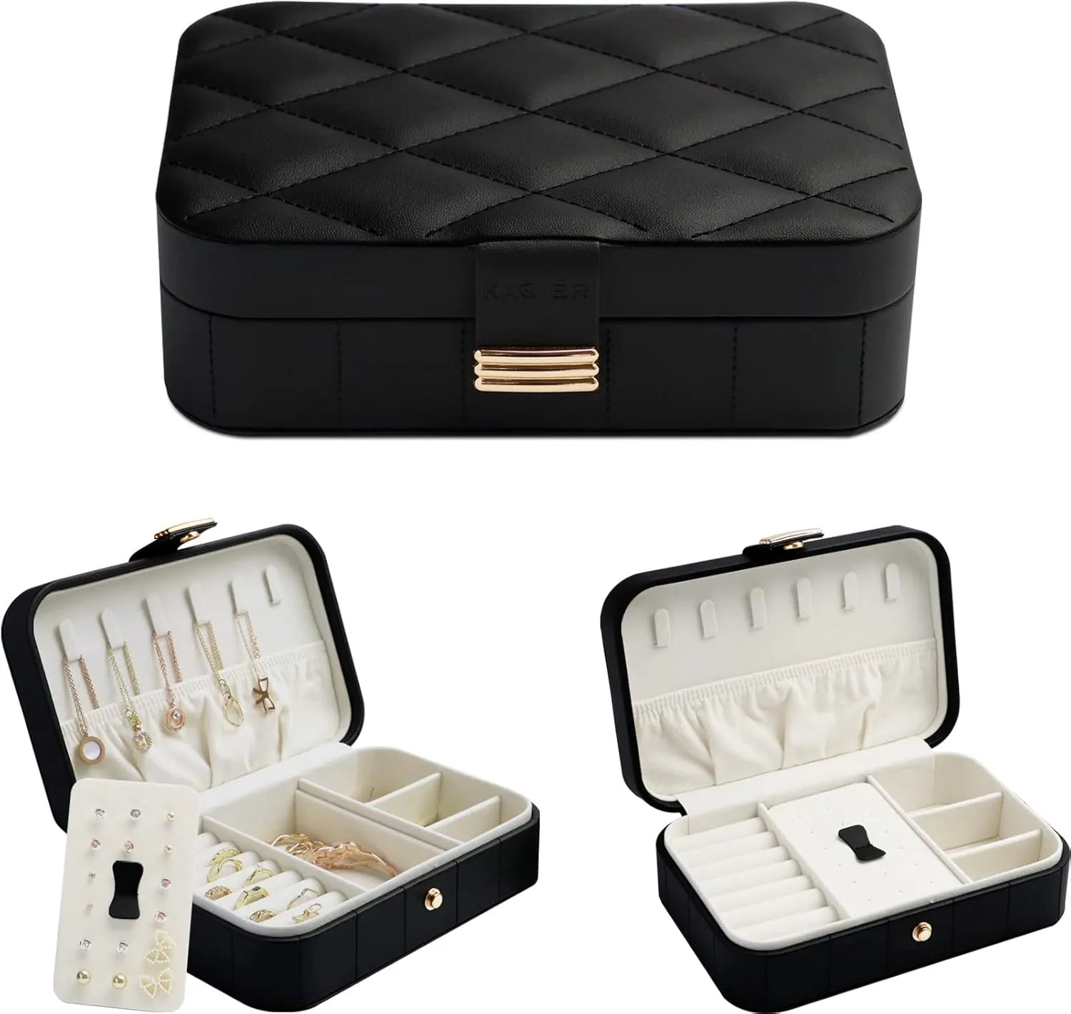 KAMIER Pu Leather Jewelry Box | Travel Diamond Quilted Jewelry Case Storage for Ring Earrings Necklace | Luxury Portable Jewelry Organizer for Women Girls(Black)