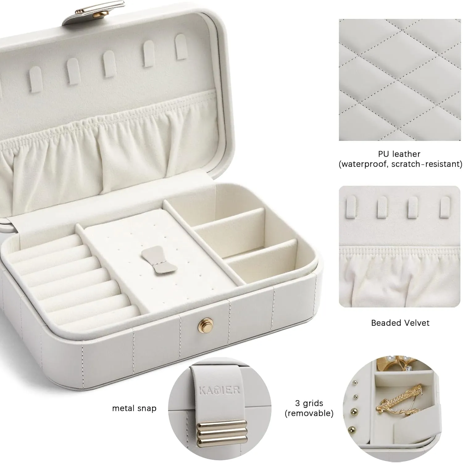 KAMIER Pu Leather Jewelry Box | Travel Diamond Quilted Jewelry Case Storage for Ring Earrings Necklace | Luxury Portable Jewelry Organizer for Women Girls(Grey)