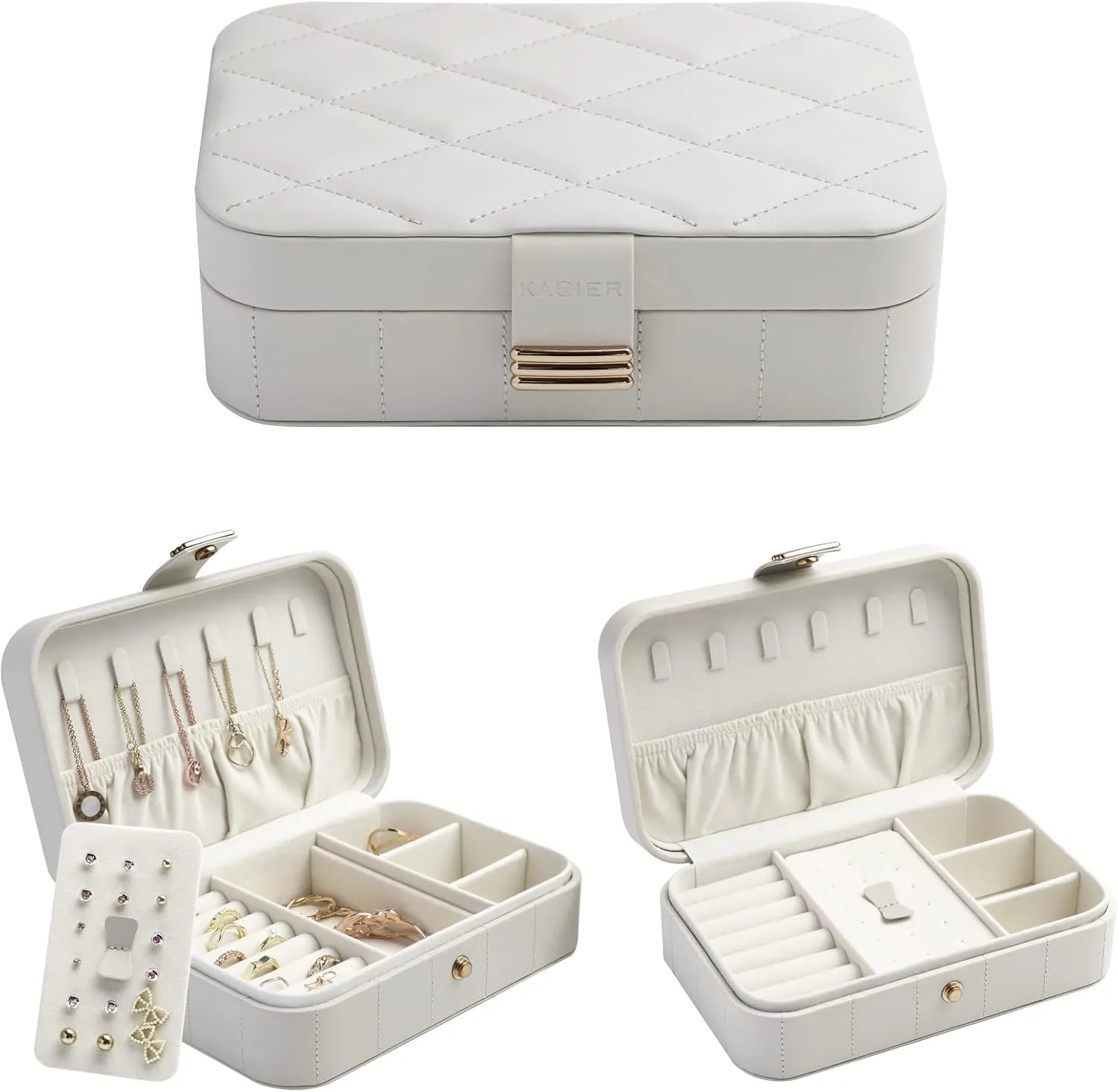 KAMIER Pu Leather Jewelry Box | Travel Diamond Quilted Jewelry Case Storage for Ring Earrings Necklace | Luxury Portable Jewelry Organizer for Women Girls(Grey)