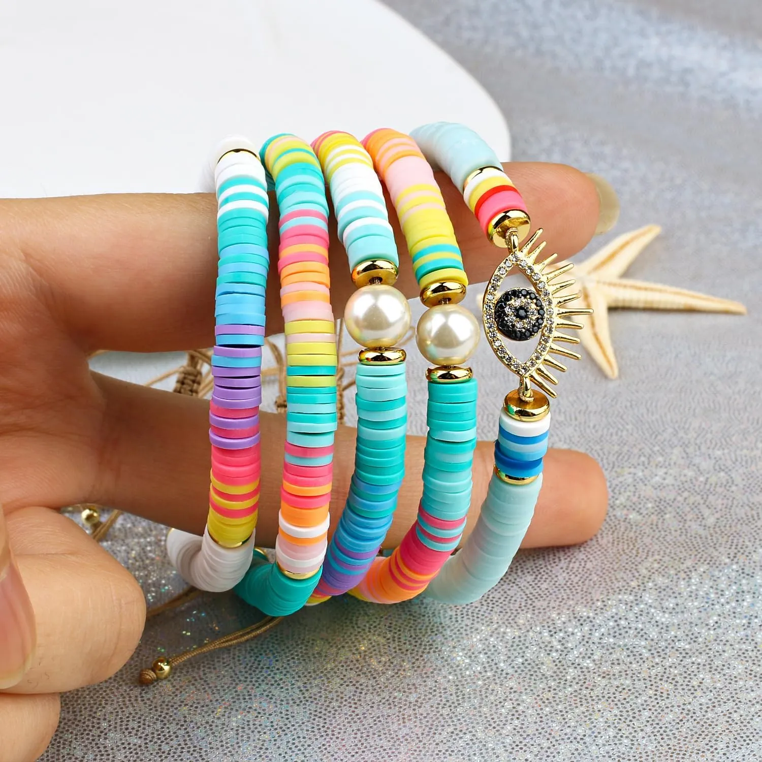 KELITCH Rainbow HEISHI Bead Bracelets Summer Colorful Ajustable Strand Bracelets Women Lucky Handmade Stackable Bracelets Jewelry
