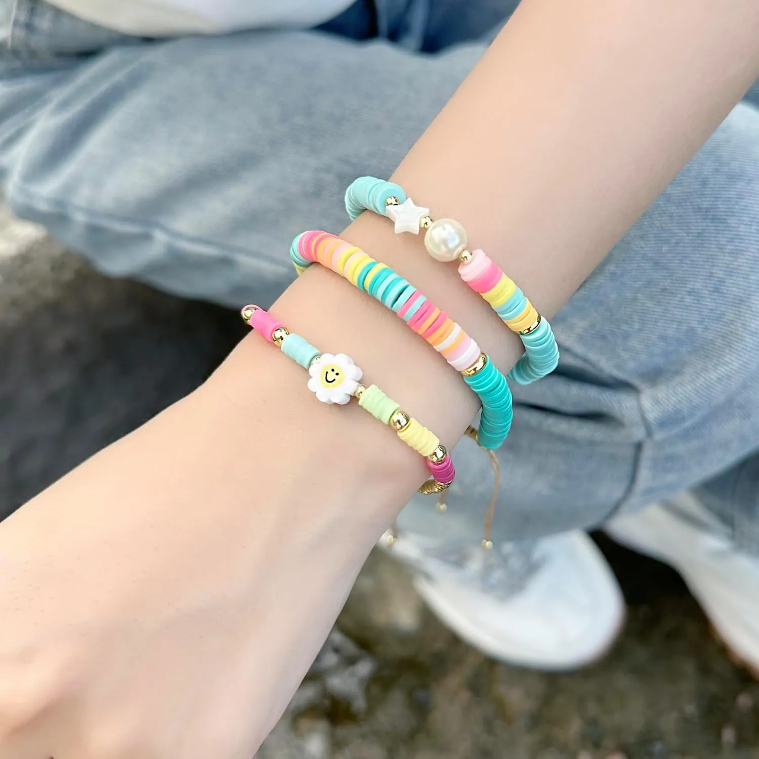 KELITCH Rainbow HEISHI Bead Bracelets Summer Colorful Ajustable Strand Bracelets Women Lucky Handmade Stackable Bracelets Jewelry