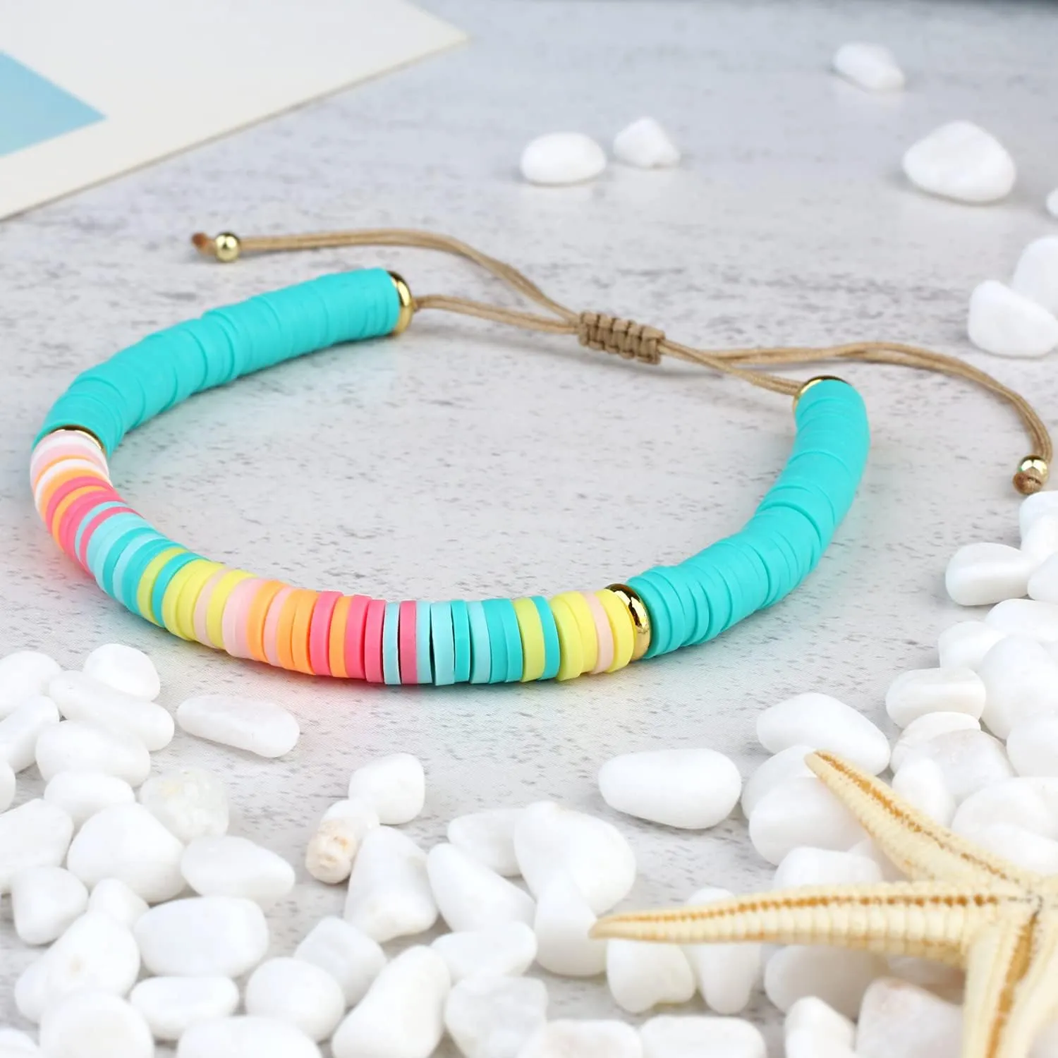KELITCH Rainbow HEISHI Bead Bracelets Summer Colorful Ajustable Strand Bracelets Women Lucky Handmade Stackable Bracelets Jewelry