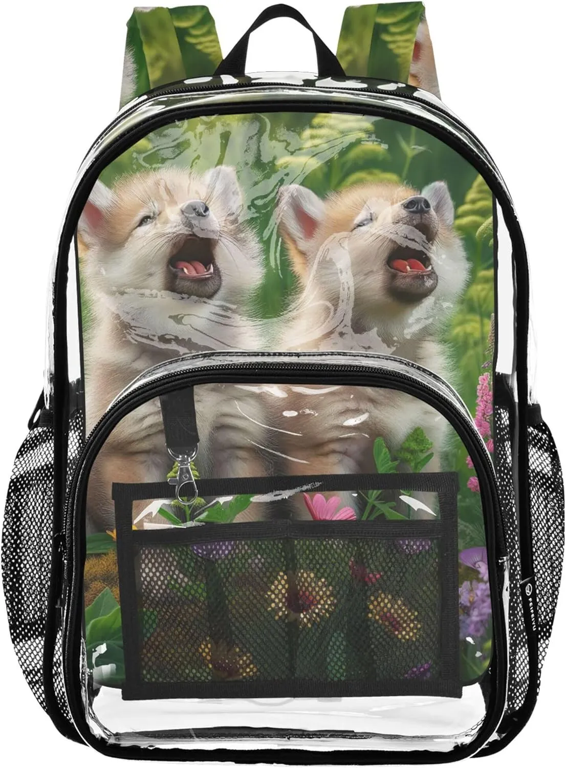 Kids Backpack for Girls Cute Wolf Cub Spring Floral Clear Backpack Women Cute Plastic See through Bookbag