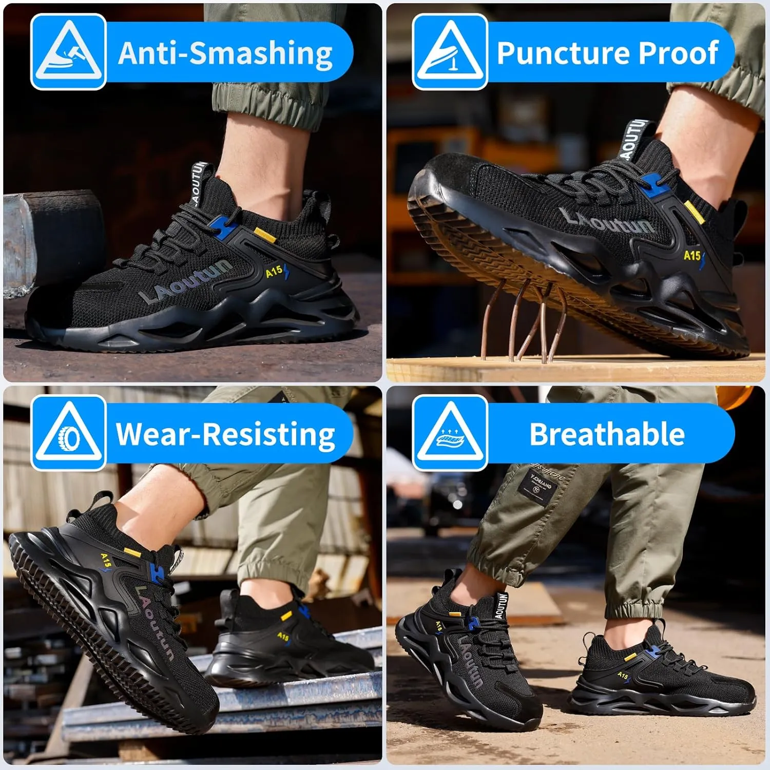 LAoutun Steel Toe Shoes for Men and Women Comfortable Lightweight Work Safety Shoes Puncture Proof Slip Resistant Indestructible Sneakers Construction Work Utility Sneakers