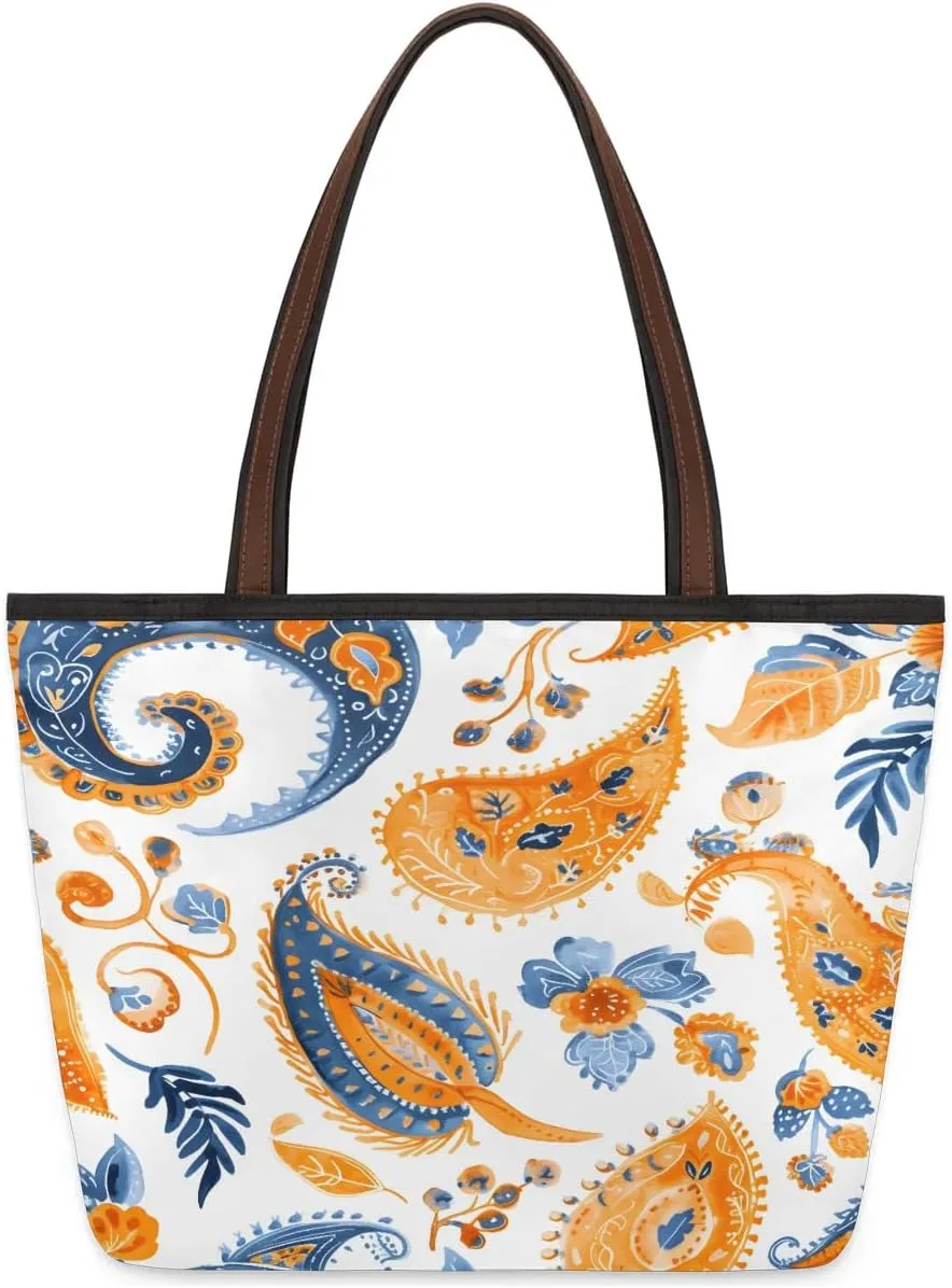 Large Tote Bag For Women Ethnic Pelis Flower Abstraction Work Cloth Bags With Zipper Reusable Grocery Hand Bags Casual Travel Overnight Tote Purses Fit Travel,Work, Vacation,Beach, Shopping,Gifts