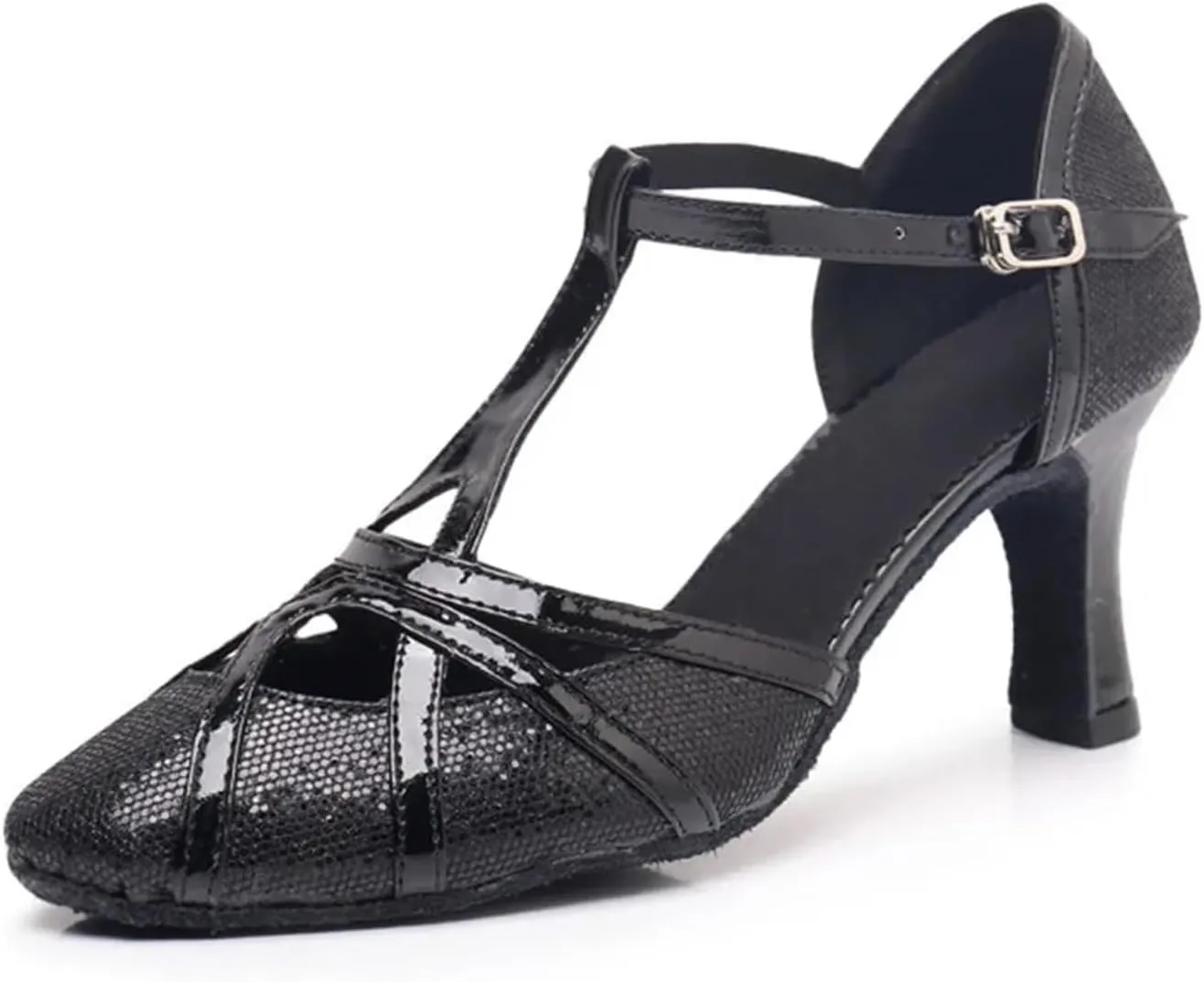 Latin Dance Shoes Tango Ballroom Woman High Heel For Wedding Shoes Gold Silver Shoes Women(Black 7.5cm,40)