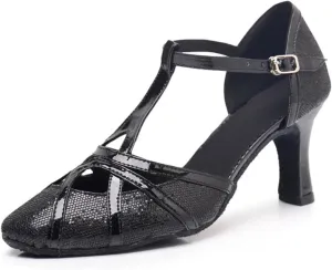 Latin Dance Shoes Tango Ballroom Woman High Heel For Wedding Shoes Gold Silver Shoes Women(Black 7.5cm,40)