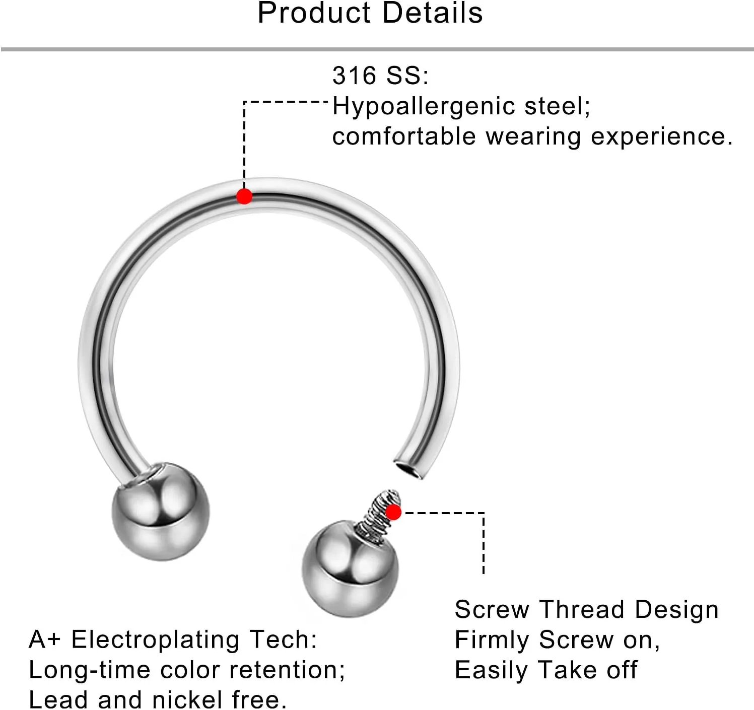 Lcolyoli 16g Septum Rings Internally Threaded Surgical Steel Septum Jewelry Lip Rings Hoop Labret Jewelry Horseshoe Earrings Daith Piercing Jewelry for Women Men