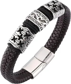 Leather Bracelets for Men, Cool Friendship Bracelets Ethnic Style Braided Leather Cord Bracelet Charm Bracelets for Men