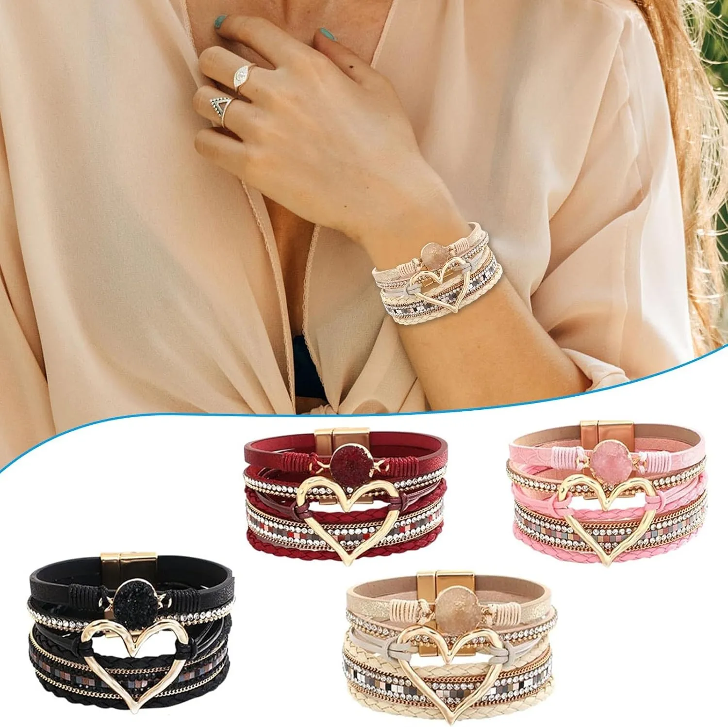 Leopard Bracelet for Women, Boho Leather Wrap Multi-Layer Pearl Crystal Bracelet Bangle Jewelry Gold Bracelets