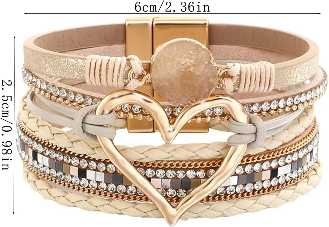 Leopard Bracelet for Women, Boho Leather Wrap Multi-Layer Pearl Crystal Bracelet Bangle Jewelry Gold Bracelets
